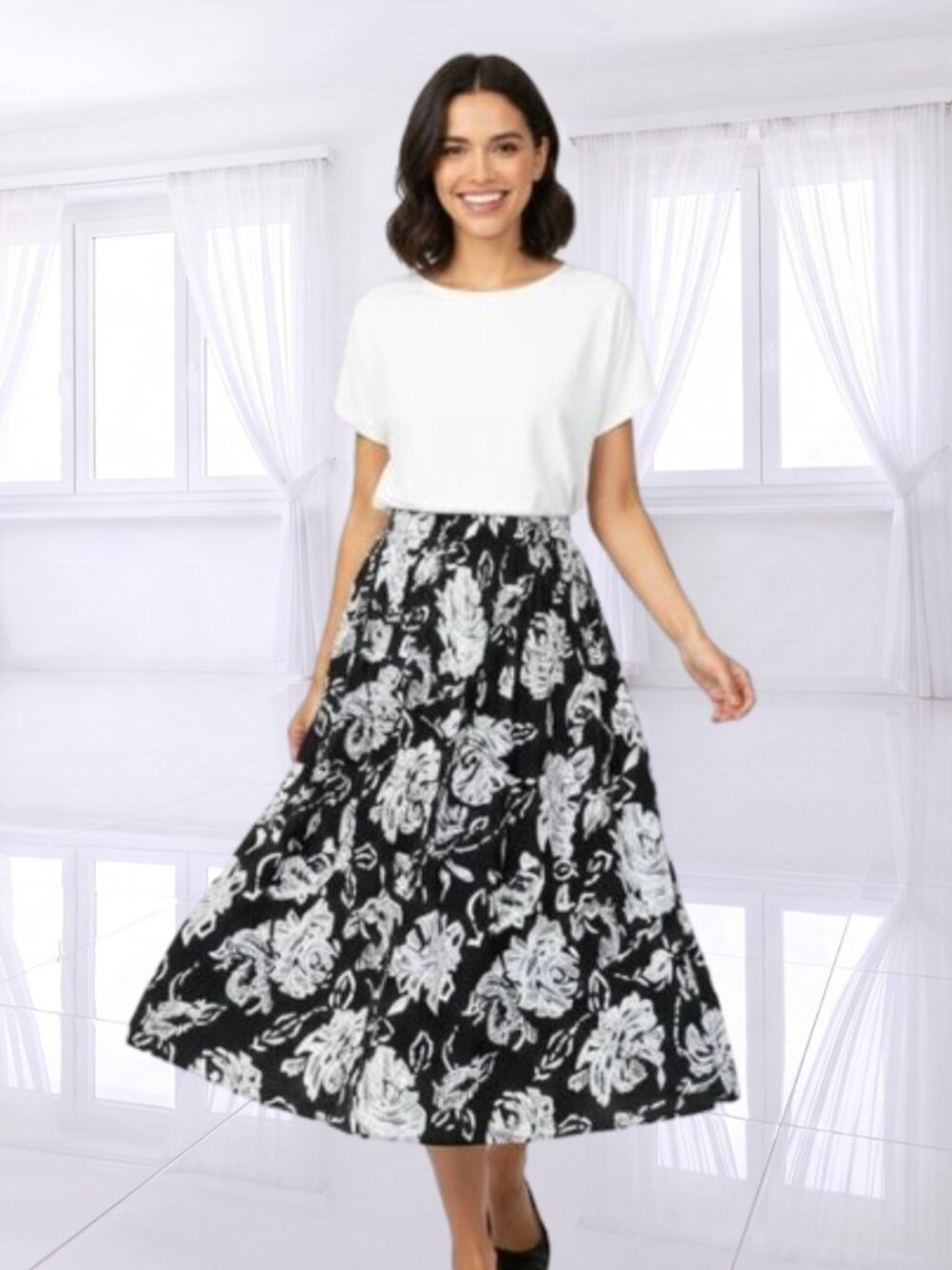 SB Sport Floral Black and White Midi Free Flow Rayon Skirt - Size Large